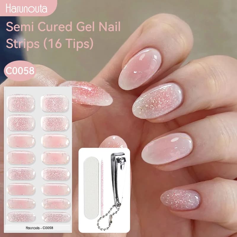 Harunouta 16 Strisce di Gel Semi-Polimerizzato per Unghie con Set di Tronchesini, Adesive e Glitterate, Compatibili con UV/LED