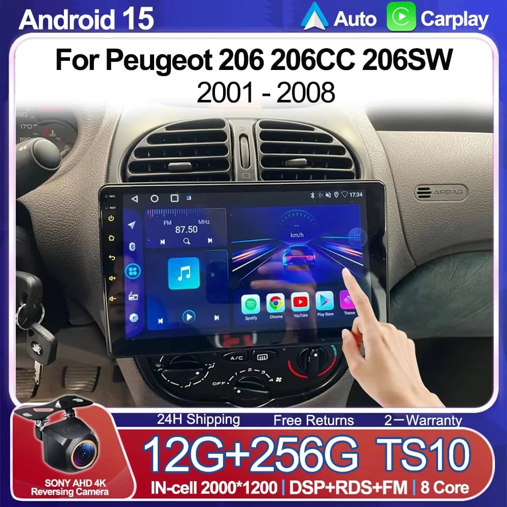 2 Din Android 15 Autoradio Per Peugeot 206 206CC 206SW 2001 - 2008 Lettore Multimediale Senza Fili Carplay Android Auto WIFI 4G DSP