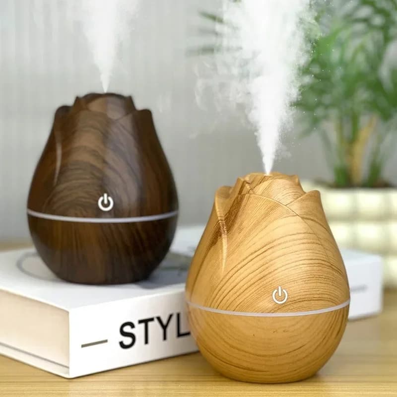 Umidificatore con venature del legno di rosa USB silenzioso camera da letto rifornimento d'acqua diffusore di oli essenziali per aromaterapia con luce sfumata colorata