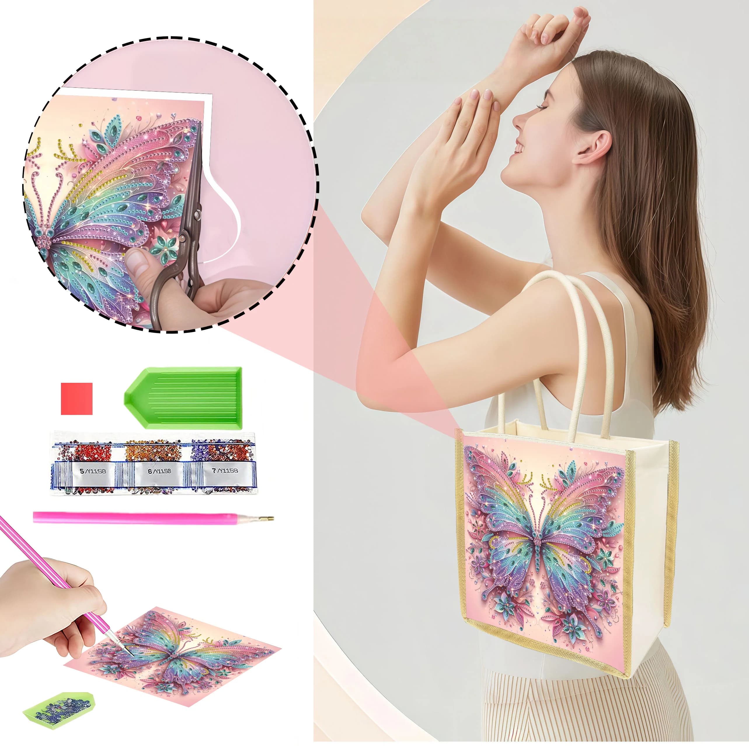Borsa shopping in tela con pittura a diamante a forma di farfalla. Design semplice, robusto e durevole, doppio utilizzo per mano e spalla.