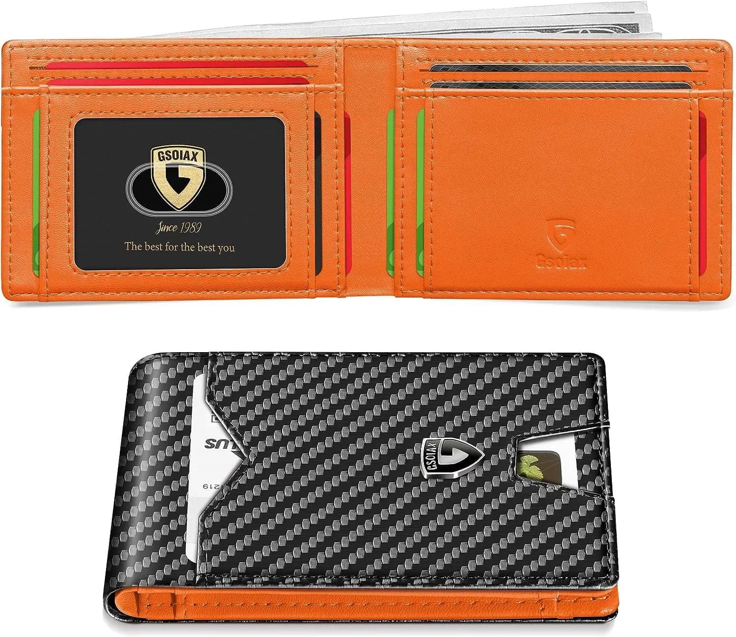 Portafoglio Sottile in Pelle con Blocco RFID per Uomo, Porta Carte di Credito Bifold in Fibra di Carbonio con Tasca Frontale e Confezione Regalo