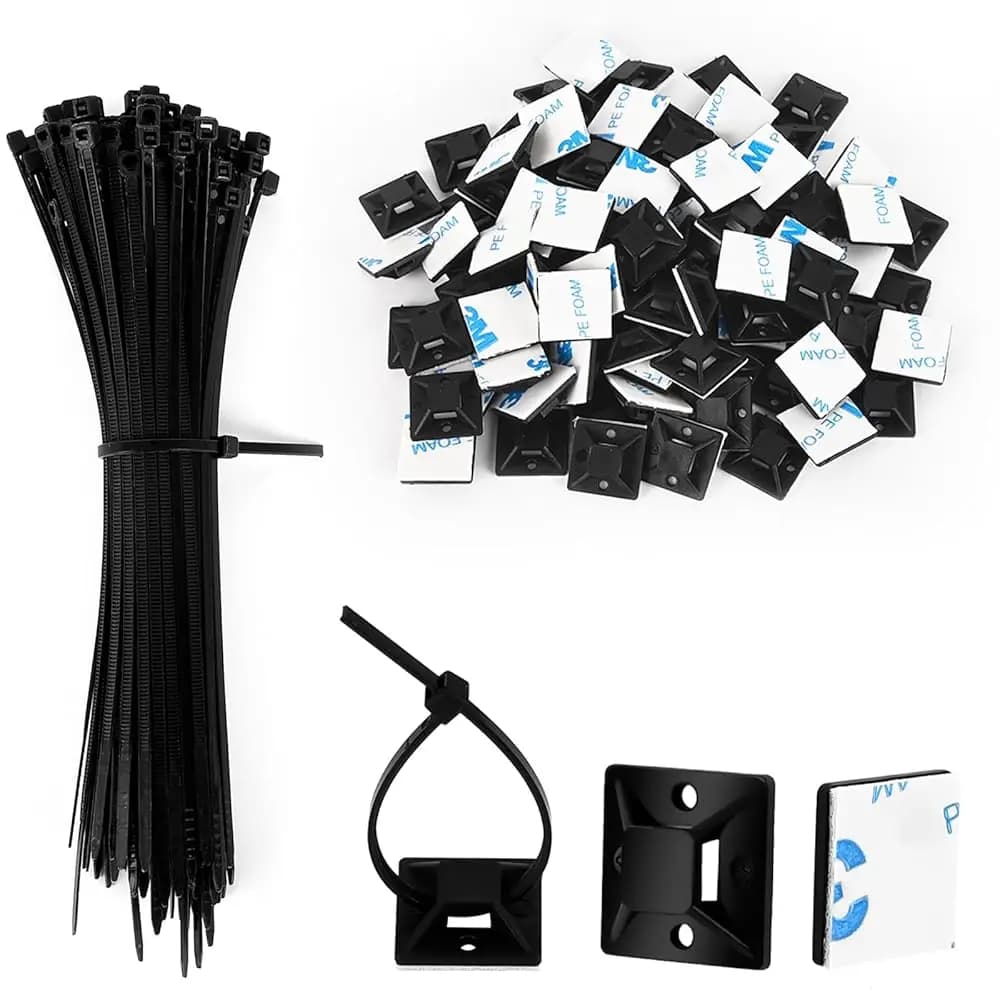 Kit da 100 Set di Supporti per Fascette Stringicavo - Base Adesiva Quadrata da 3/4'' e Fascette in Nylon Nere da 6'' per Esterni