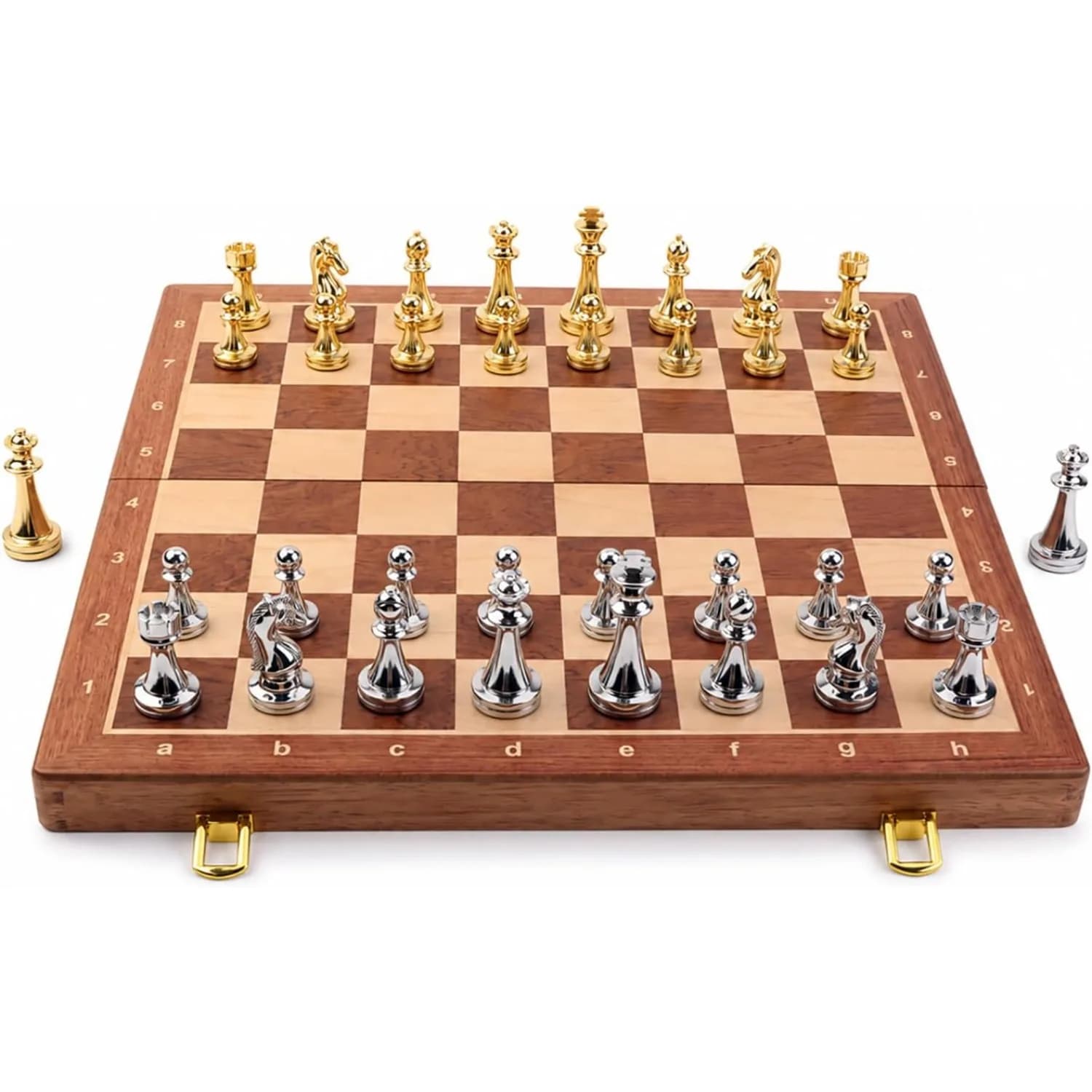 15 Inch Metal Chess Set for Adults, Folding Wooden Board, Zinc Alloy Pieces