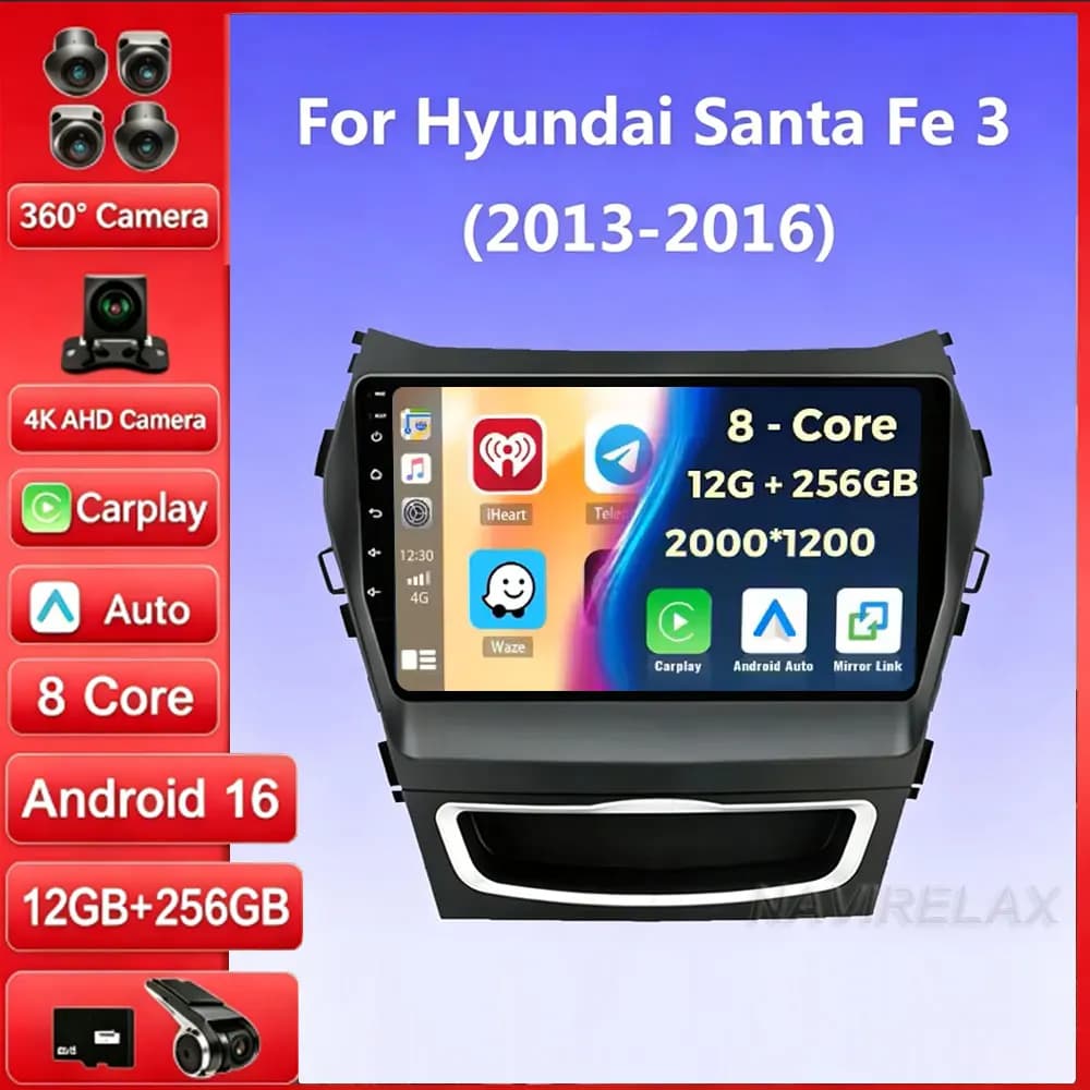 Android 16 For Hyundai Santa Fe 3 2013 - 2016 Carplay Auto 4G+WIFI GPS Car Radio Navigation Multimedia Video Player Stereo BT