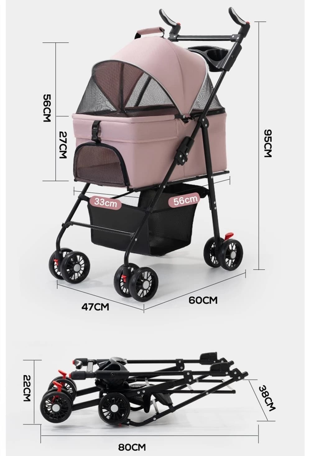 Foldable Pet Stroller Detachable Pet Carrier Bag 4 Wheel Dog Stroller, Breathable Mesh Pet Cart for Car Travel Walking