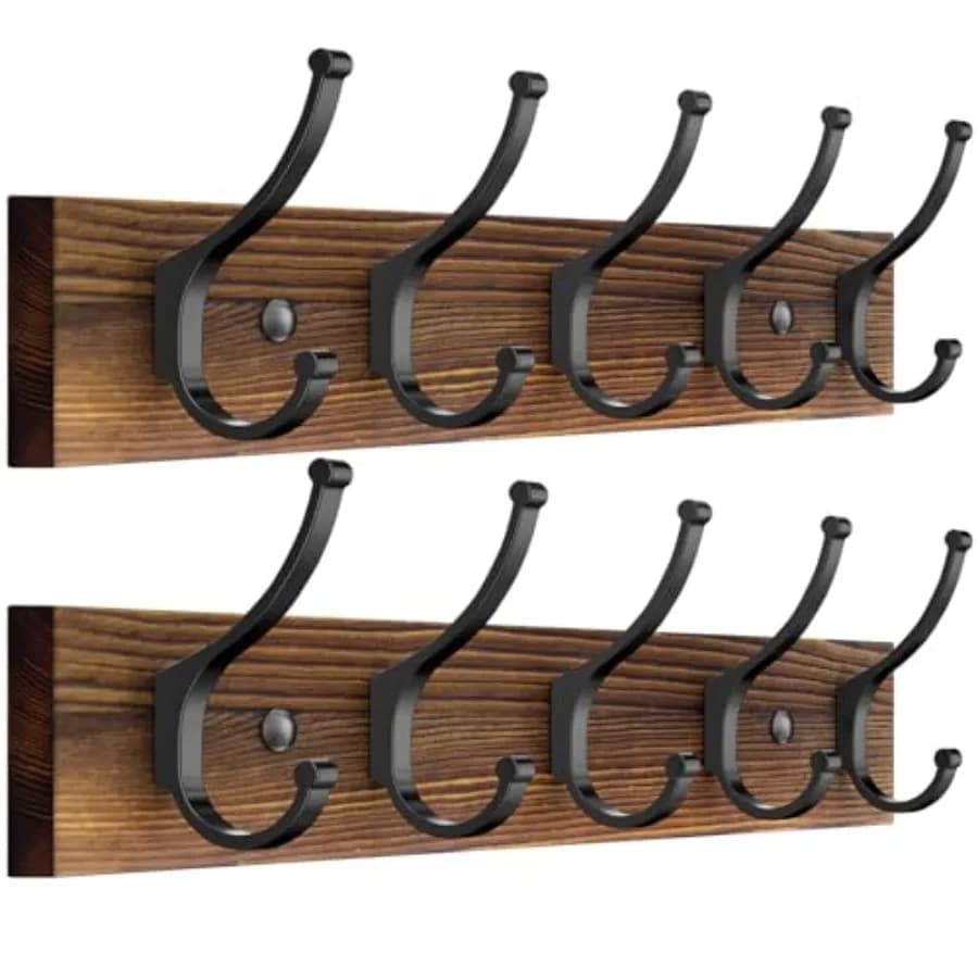 2 Pack Wooden Coat Rack Wall Mount, 16.1" Rustic Coat Hanger Hooks with 10 Double Hooks, Wall Coat Rack for Hat, Clothes, Bags,