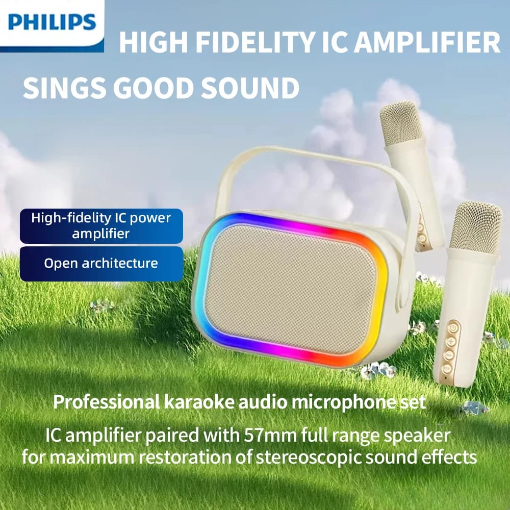 Philips TAS2808 Altoparlante Bluetooth wireless portatile per karaoke domestico con 2 microfoni con effetto riverbero, cassa audio da esterno da 1800 mAh