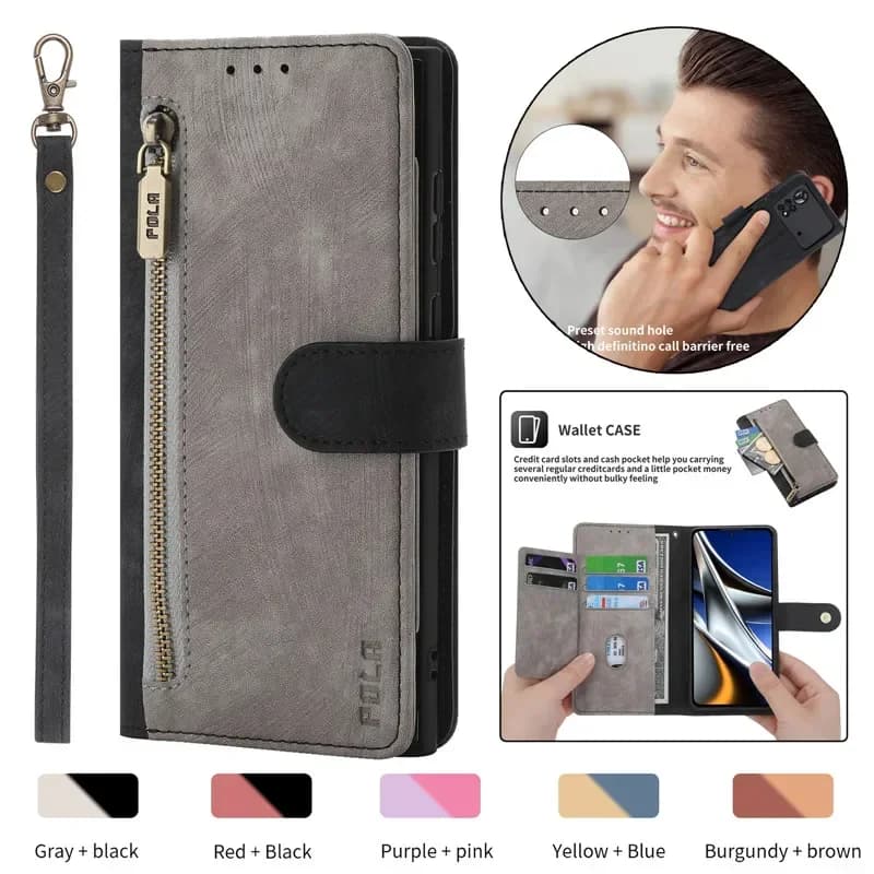Custodia a Portafoglio in Pelle con Cerniera e Cordino per Xiaomi 15 14T 14 13 13T 12T 11 11T POCO X7 Pro X6 X5 X3 NFC M7 M6 Flip Cover