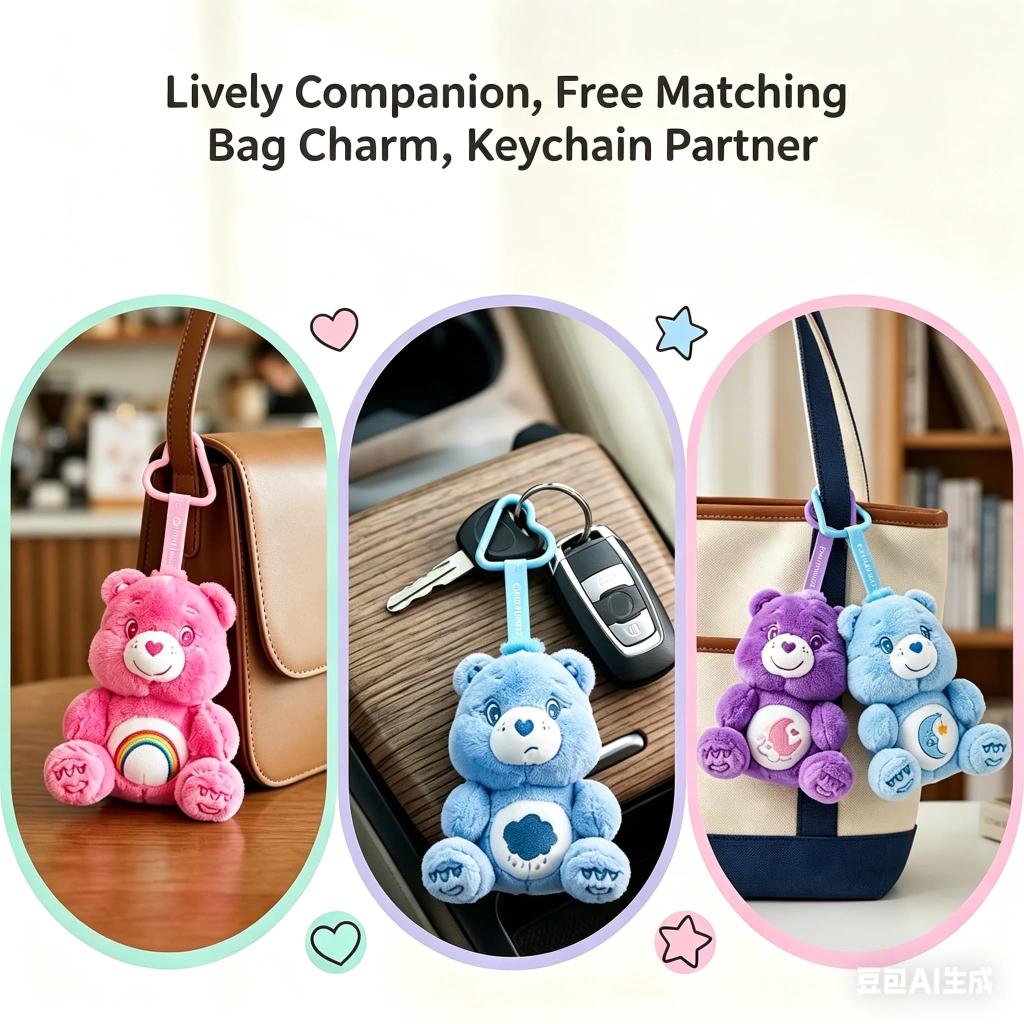 Portachiavi Peluche Care Bears Seduti 12cm Serie Macaron, Ciondolo Borsa Carino, Giocattolo Imbottito Kawaii, Charm per Auto, Regalo Ideale per San Valentino per Coppie