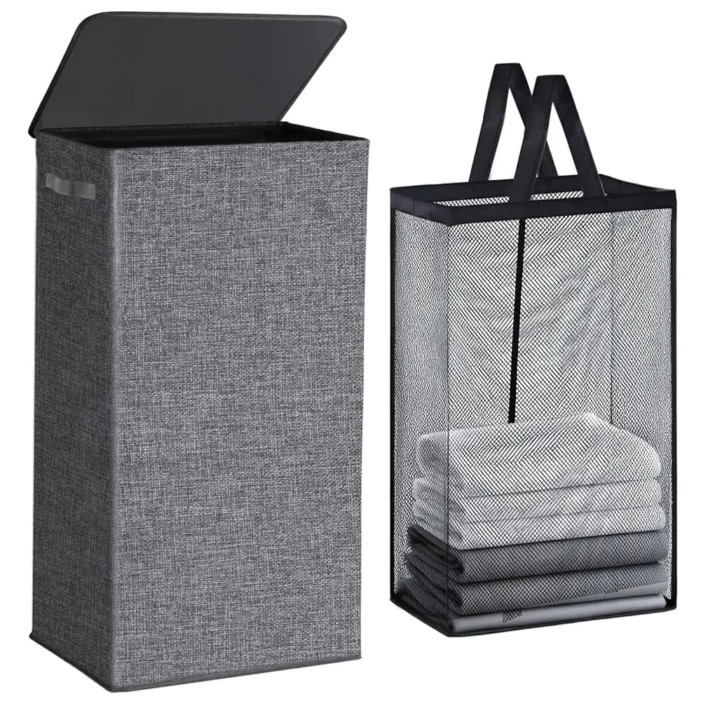 Cesto per Bucato Pieghevole con Coperchio 100L, Grande Cesto Portabiancheria con Sacca Rimovibile in Rete per Camera da Letto, Bagno, Armadio, Dormitorio (Grigio)