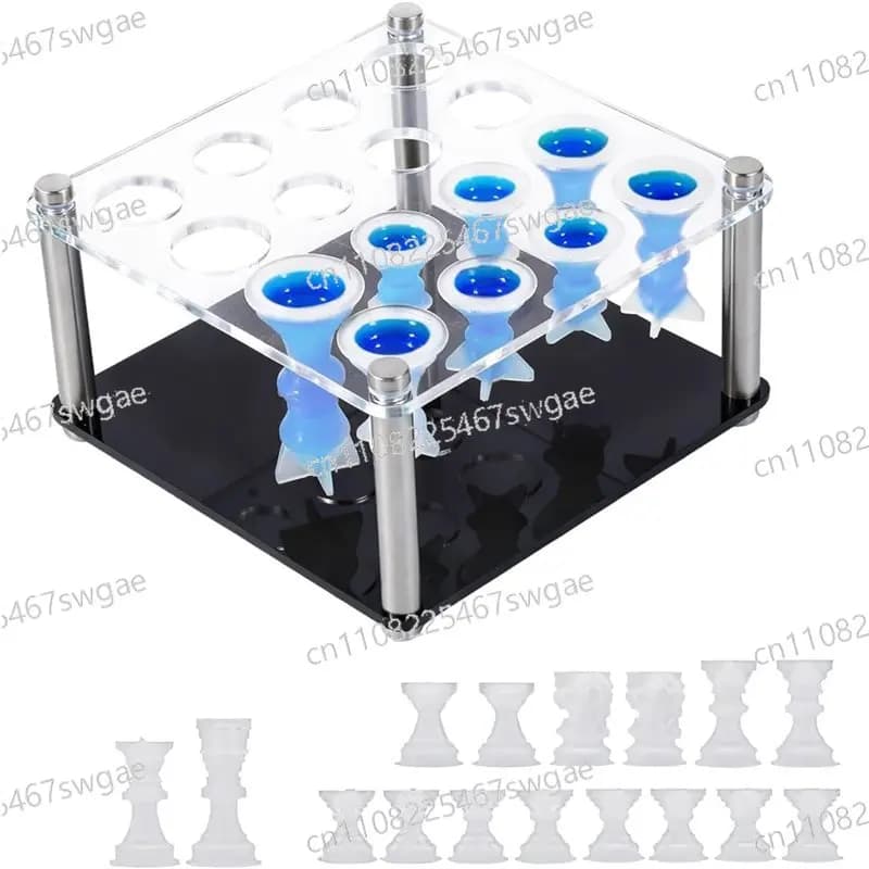 Kit Stampo per Set di Scacchi in Resina VELIF, Stampi 3D in Silicone per Scacchi a Grandezza Naturale con 16 Pezzi e Supporto per Resina Epossidica, Fai-da-Te