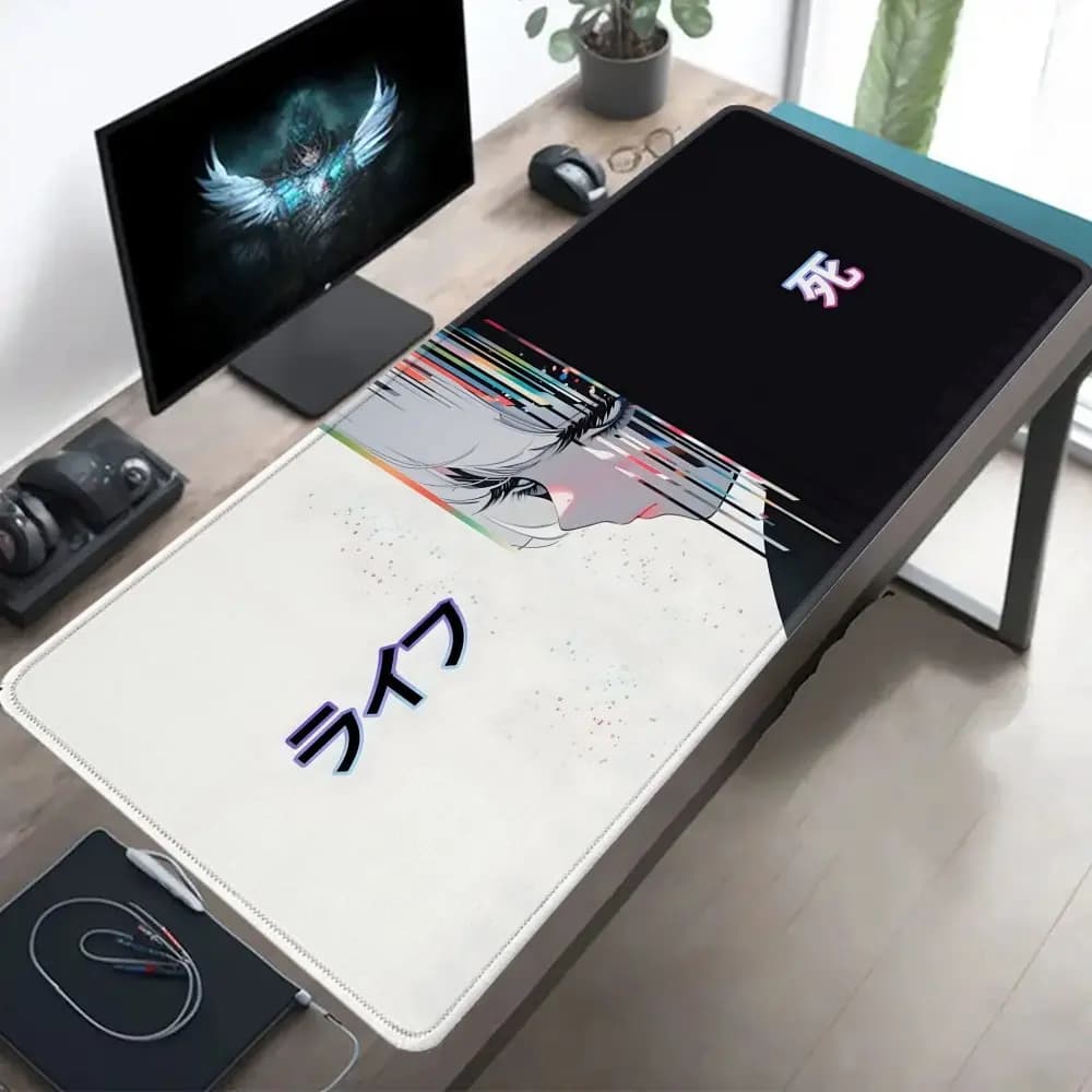 Tappetino per mouse da gioco Vaporwave Anime Glitch, grande tappetino da scrivania antiscivolo con testo giapponese per ufficio e giocatori