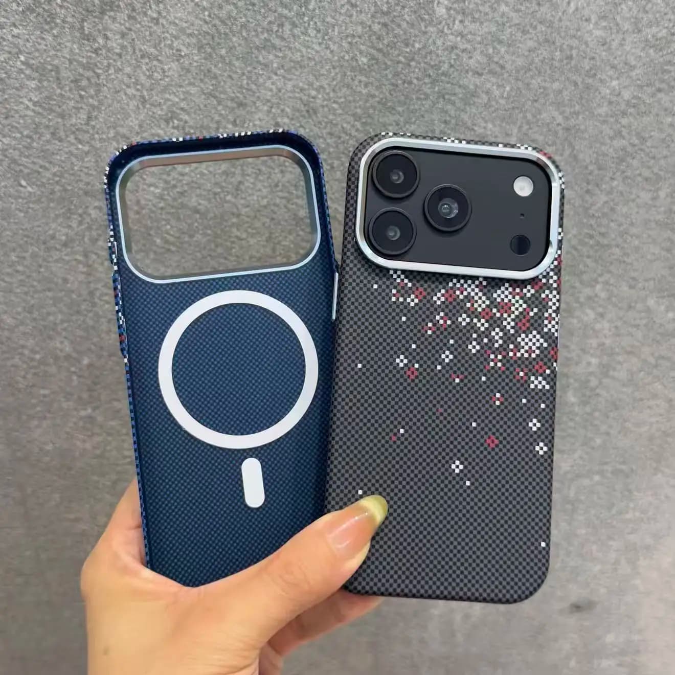 Luxury Kevlar Texture Magnetic Phone Case For iPhone 18 17 16 15 14 13 Pro Max Metal Button Large Window For Magsafe Phone Cover