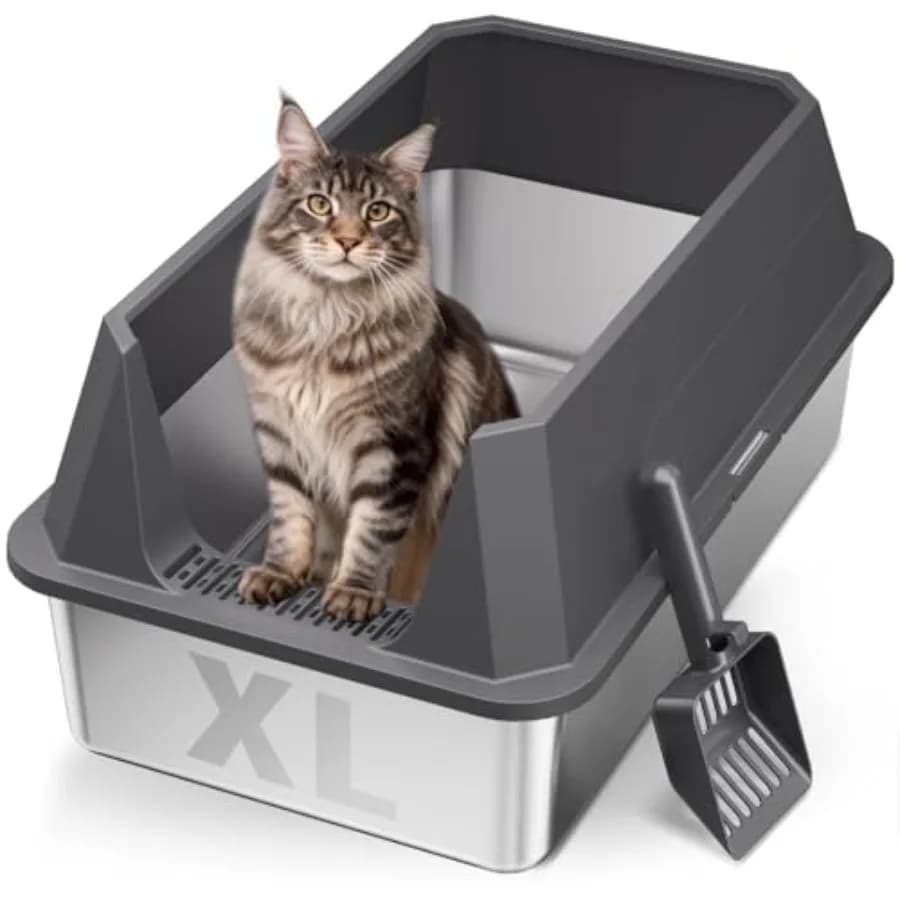 Lettiera per Gatti XL in Acciaio Inossidabile con Bordi Alti, Vasca Aperta Extra Large in Metallo Antiaderente Anti-Odore