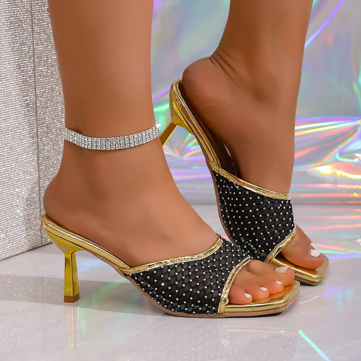 Sandals 2026 New Fashion High Heel Slippers Pointed Toe Rhinestone Decorated One-piece Strap Sandals Casual Elegant Ladies Shoes