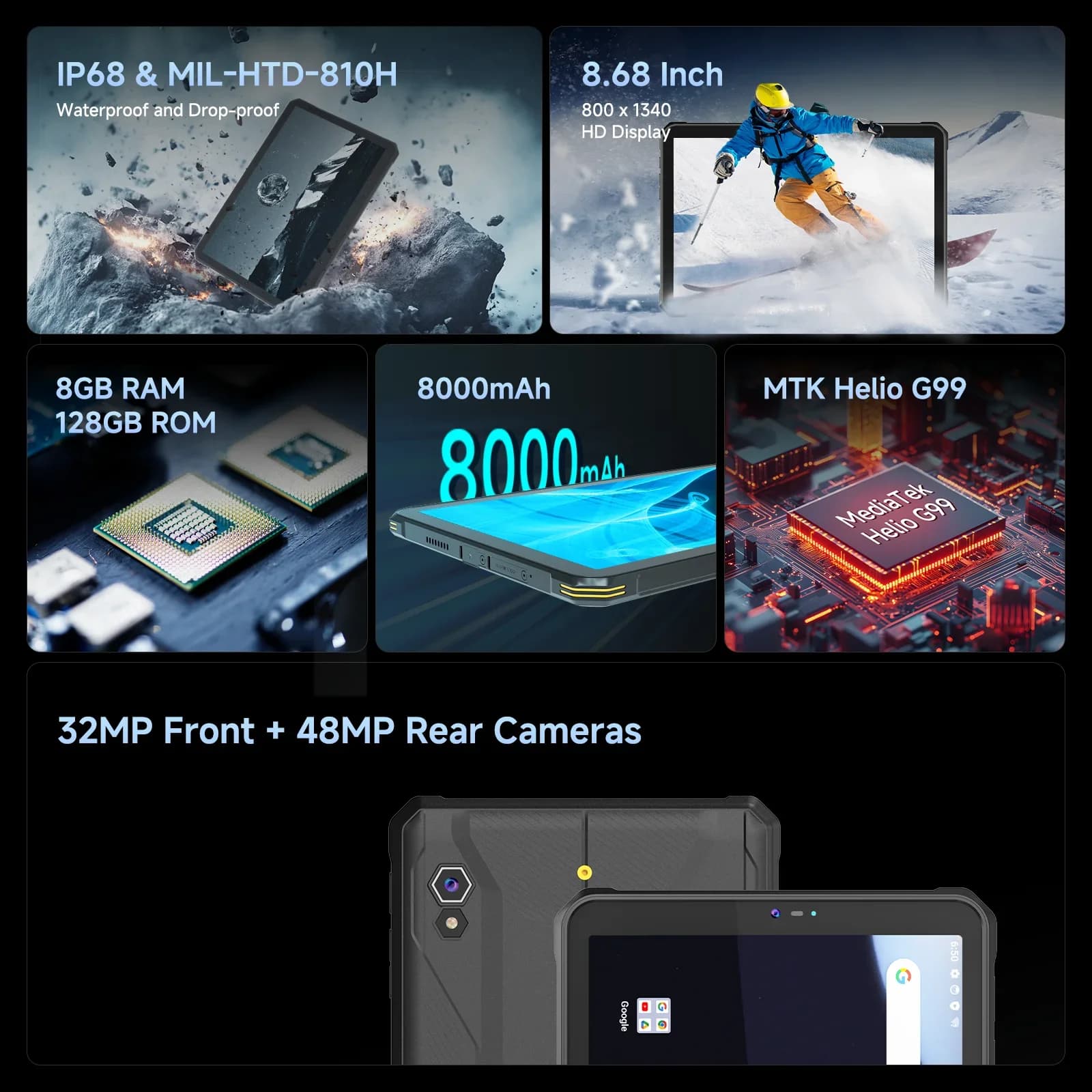 2026 T1 Portable 8-inch IP68 Waterproof ATEX Android 14 Outdoor Rugged Tablet Pc for Professional