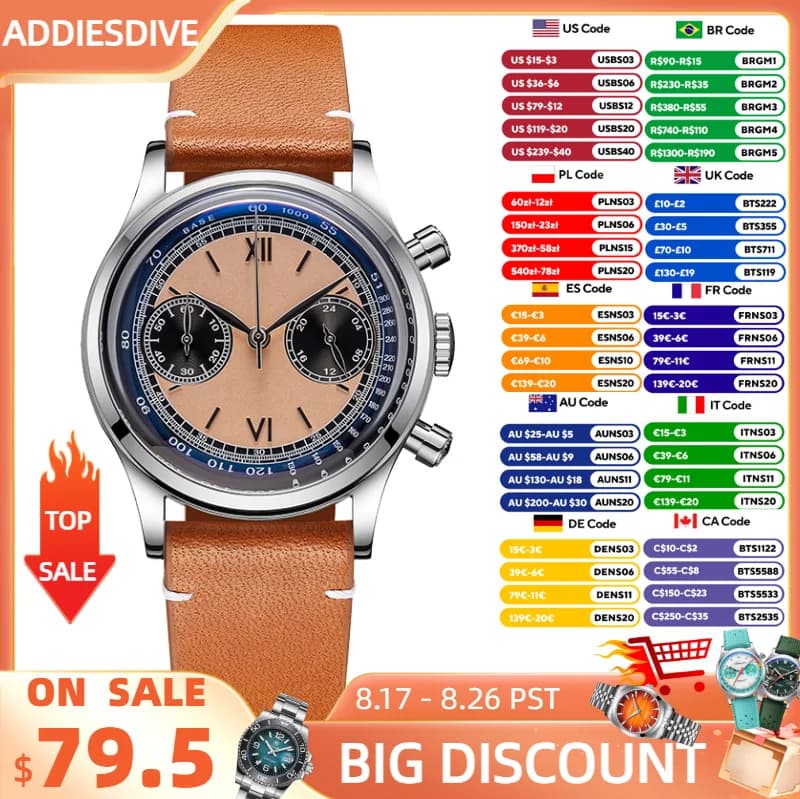 ADDIESDIVE Men's Watch Quartz Wrist Watch Sport Waterproof 100 m Chronograph AR Coating VK64 Movement Retro Leather Watch New