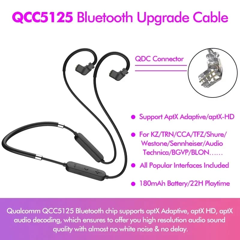 Qualcomm QCC5125 Bluetooth 5.0 HiFi In-Ear In-Ear HD AptX Adaptive High Resolution Upgrade Cable for BLON BL-03 KB04 KZ ZAX