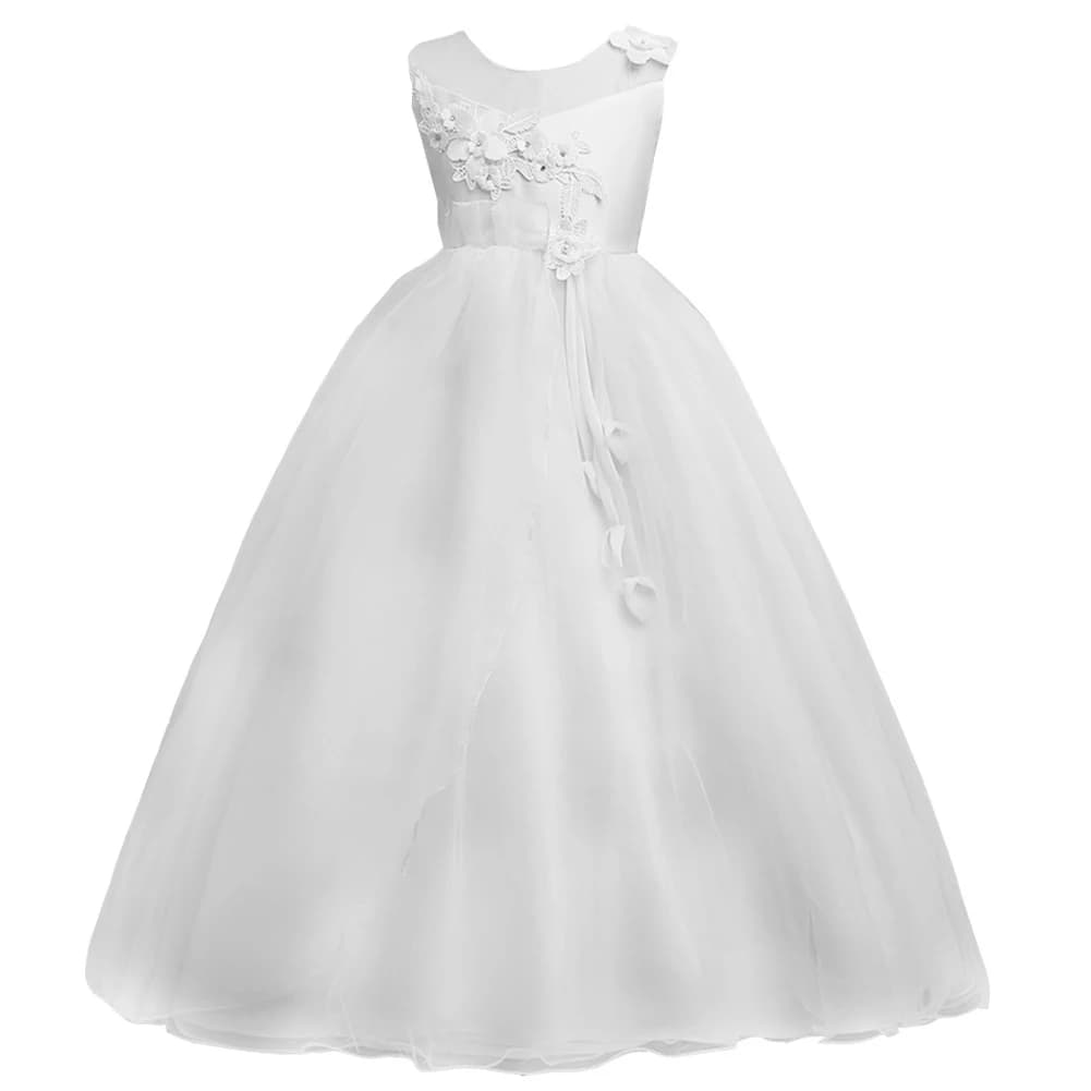 Abito lungo per ragazze abito da ballo per bambini senza maniche in rete di fiori 3D con cintura abiti da compleanno per feste per bambini per occasioni formali