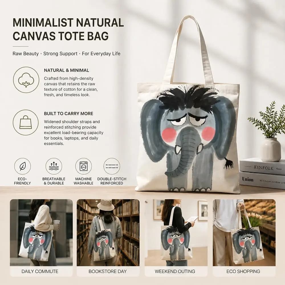 Art H‑Borse portaoggetti con elefante dei cartoni animati disegnato a mano, in tela di cotone ecologica, leggere e pieghevoli, ideali per viaggi, lavoro, shopping, spiaggia, palestra