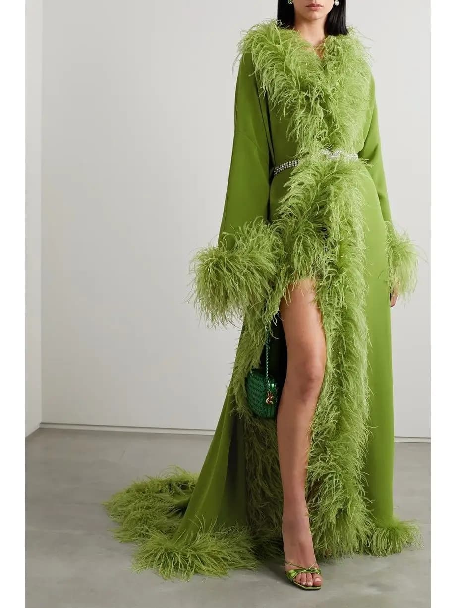 Abito da ballo da donna in piume per servizio fotografico con scollo a V maniche lunghe abito da mattina da sposa abito da festa lungo di lusso personalizzato