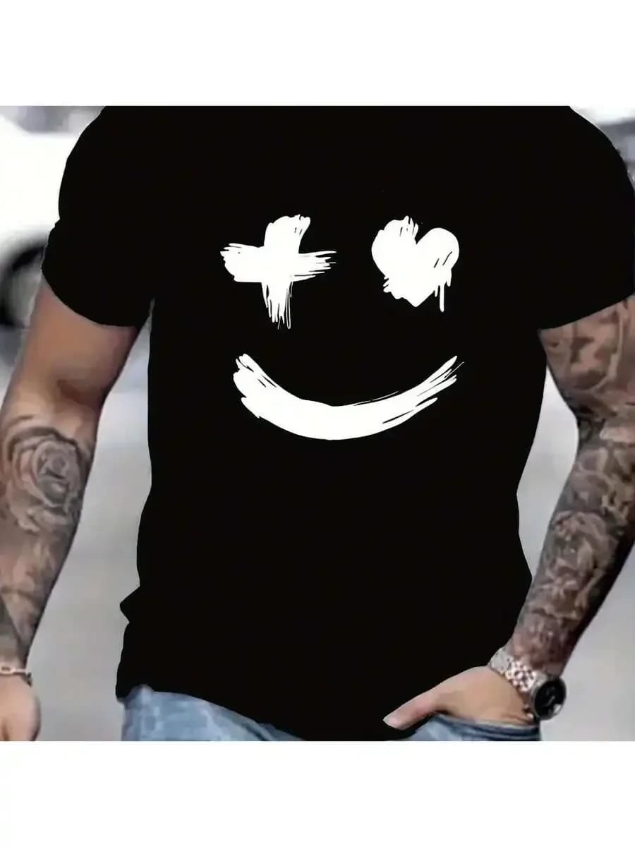 T-shirt nera da uomo a maniche corte con stampa di un volto sorridente con graffiti bianchi, maglietta casual in cotone con collo rotondo