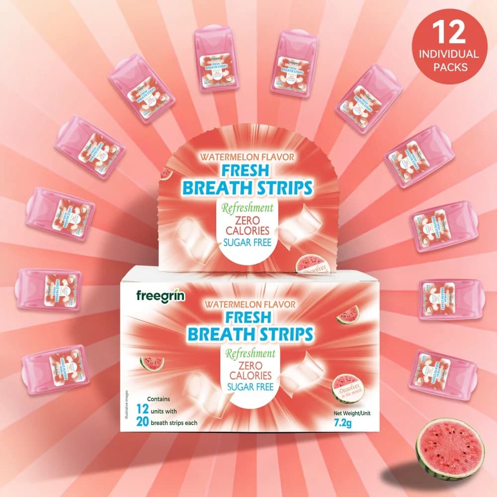 FREEGRIN Strisce Rinfrescanti per l'Alito al Gusto di Anguria, Deodorante per l'Alito alla Frutta, Strisce Portatili per l'Alito Fresco, Strisce per l'Alito per Baciare