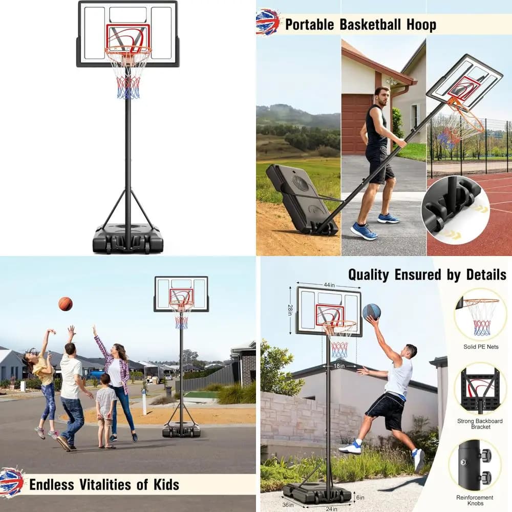10-foot portable basketball box for outdoors, adjustable baskets for children, young and adult, 44-inch billboard, ideal for all ages