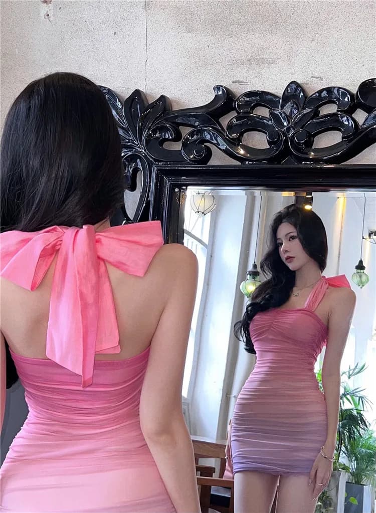 Sexy Gradient Knot Neckline Mesh Skirt Women Goddess Style Summer Slimming Dress Bodycon Short Trendy Korean High W...