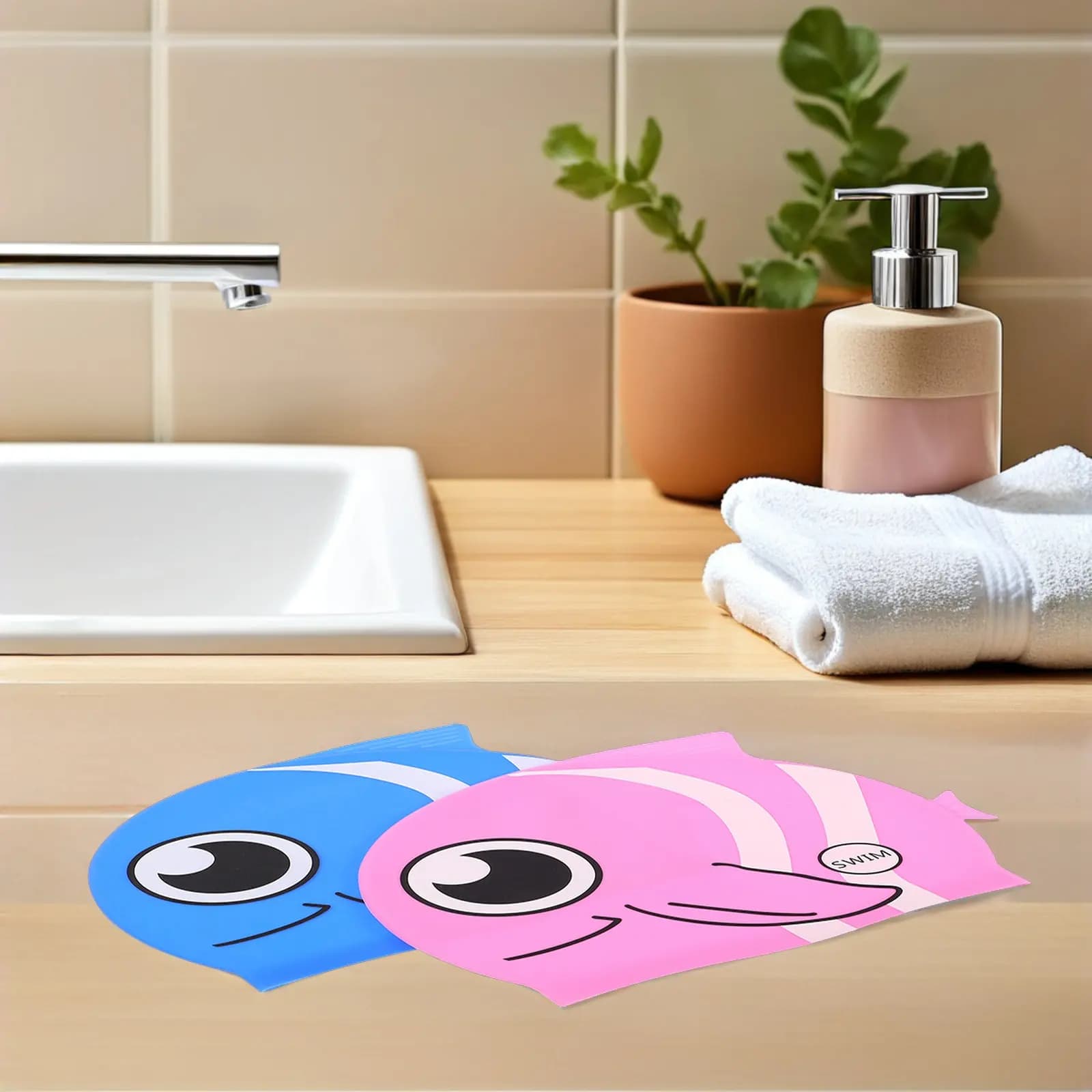 2 Pezzi Cuffie da Nuoto in Silicone per Bambini, Design a Pesce, Impermeabili, per Ragazzi e Ragazze, Accessori per Piscina, Cuffie da Nuoto per Neonati