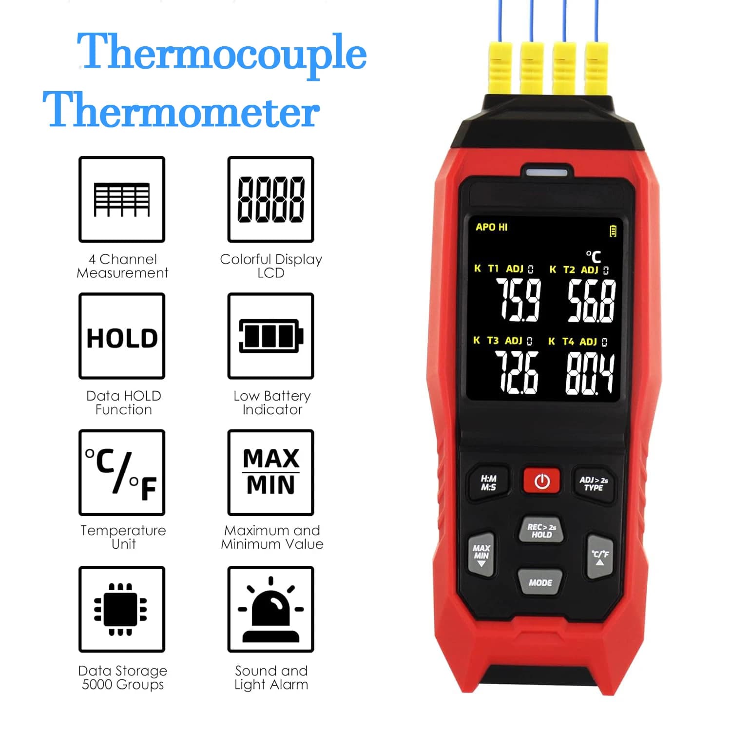 Data Recorder Thermocouple Thermocouple 1/4 Channels, Thermometer Type K with Sound Alarm and Luminous and Data Registration