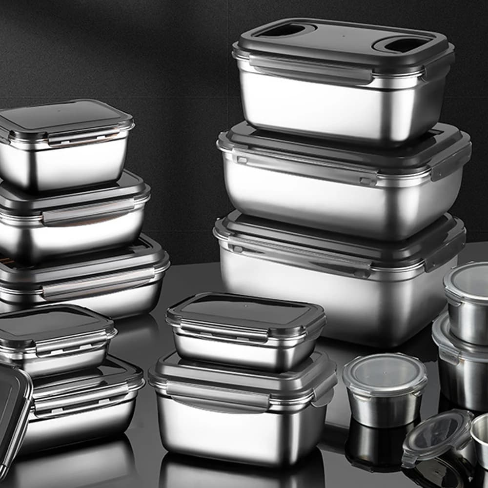 Contenitore per Alimenti in Acciaio Inox con Coperchi Ermetici e Antisgocciolamento per Preparazione Pasti, Adatto per Freezer e Forno