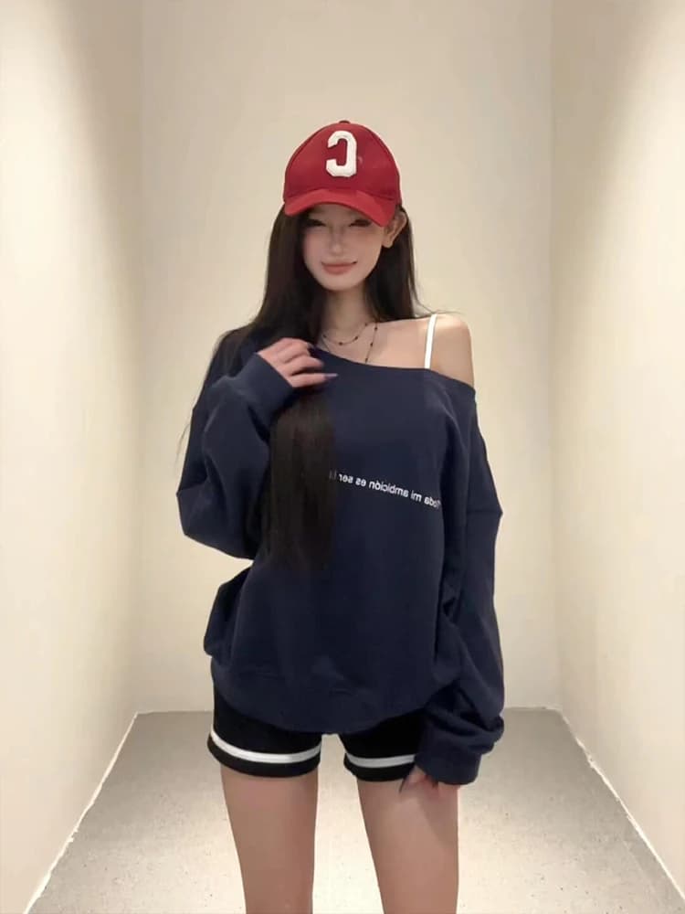 American Retro Loose Shoulder Sweatshirt Jacket Women's Spring Autumn Lazy Style Loose Oversize Shoulder Bared Top