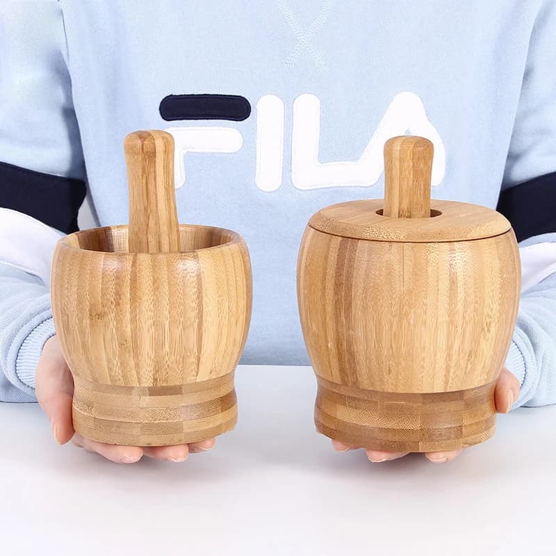 Premium Bamboo Mortar & Pestle Set, Splash-Proof Manual Spice Grinder for Garlic, Herbs & Chili, Large Capacity with Lid, Rust-R