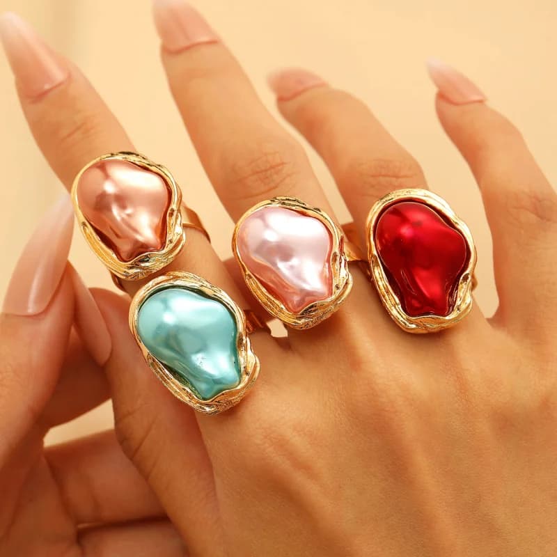 Light Luxury High Sense Women Open Finger Ring Irregular Geometric Design Faux Baroque Pearl Adjustable Fashion Ring Accessories