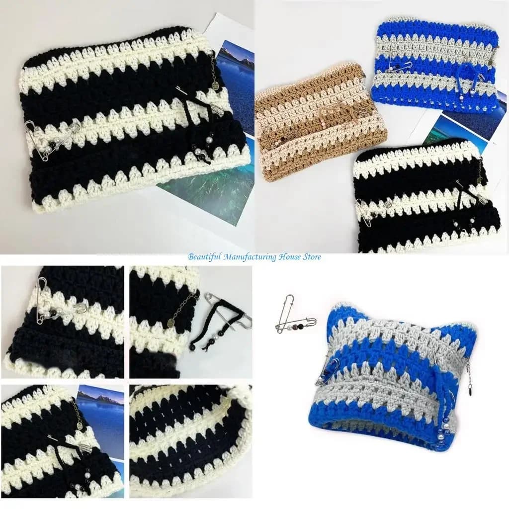 E56A Y2K Devil Striped Knitted Hat with Paper Clip Keep Warm Hat Windproof Hat
