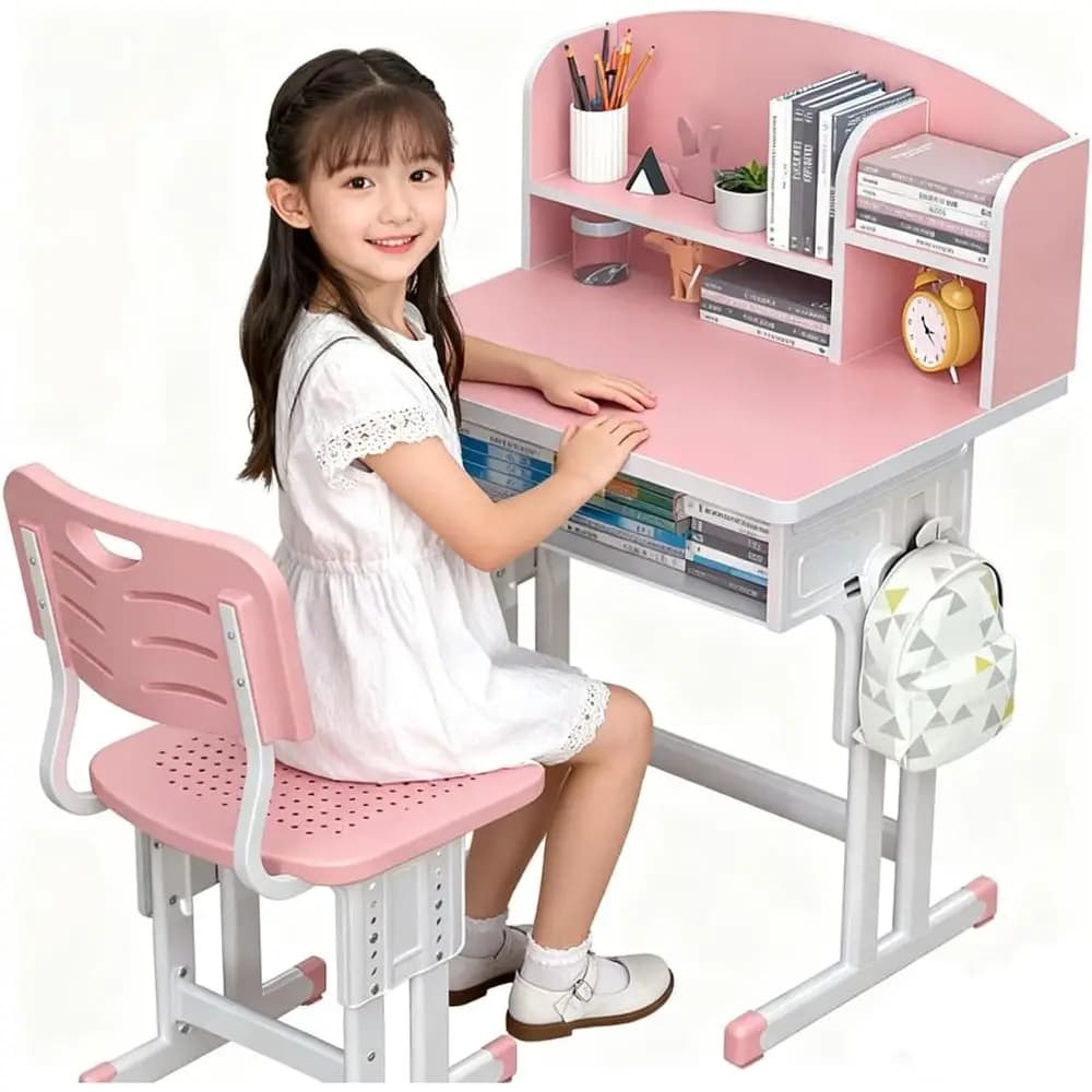 Set scrivania e sedia regolabili in altezza con contenitore e gancio per zaino per bambini da 8 a 12 anni (rosa)