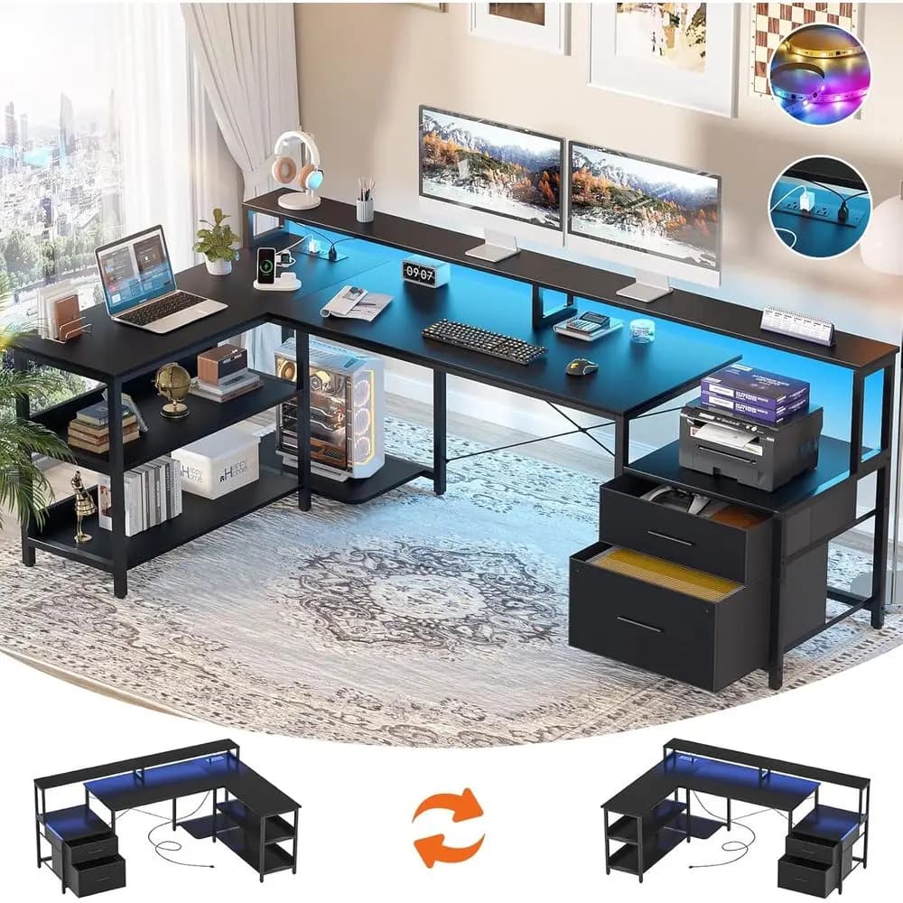 Scrivania per Computer a L Reversibile 72.8 con Presa di Corrente, Striscia LED, Supporto Lungo per Monitor, Ripiano Portaoggetti, Nera