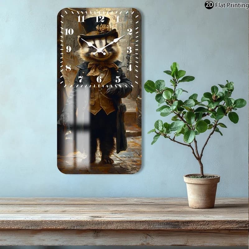 1pc Elegant raccoon in formal dress Rectangular wooden quartz wall clock Great for home decoration Christmas gifts