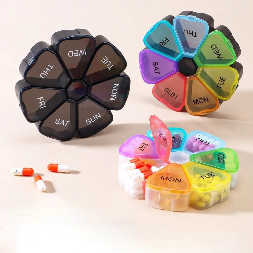 Nuovo Portapillole Settimanale Portatile da Viaggio con 7 Scomparti Colorati a Forma di Petalo per Vitamine, Medicinali e Oli di Pesce