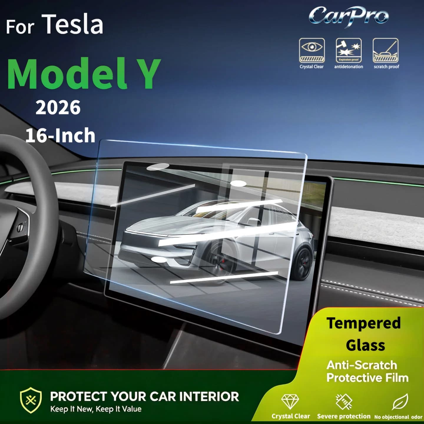 For 2026 Tesla Model Y 16‑Inch Tempered Glass Screen Protector 9H Hardness Anti‑Scratch Anti‑Fingerprint Car Interior Film