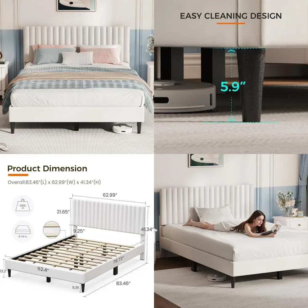 Struttura letto con piattaforma queen rivestita in velluto con testiera, supporto a doghe in legno e base per materasso silenziosa