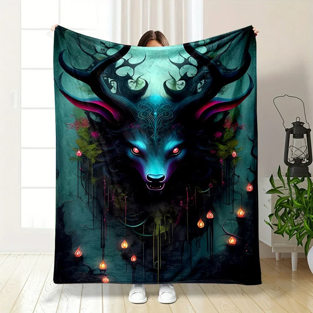 Cozy Flannel Throw Blanket with Enchanting Forest Elk Print - Soft, Warm, and Reversible for Couch, Bed, Office, or Travel