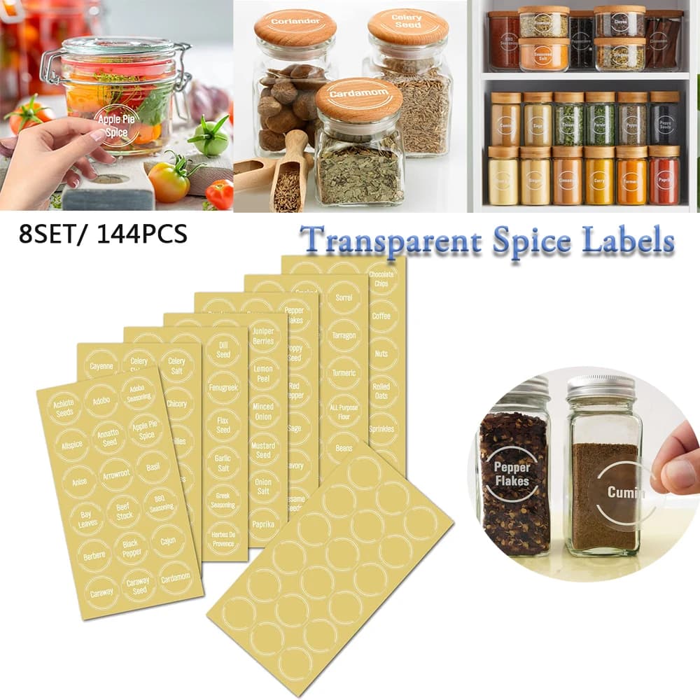 144 Pcs/set Transparent Spice Jar Storage Labels for Kitchen Jar Organization Food Labels Waterproof Kitchen Seasoning Names