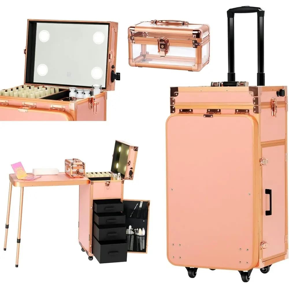 Tavolo manicure con rotelle con specchio a LED, stazione mobile per unghie portatile con poggiapolsi, custodia in acrilico, scrivania pieghevole e 4 Dr