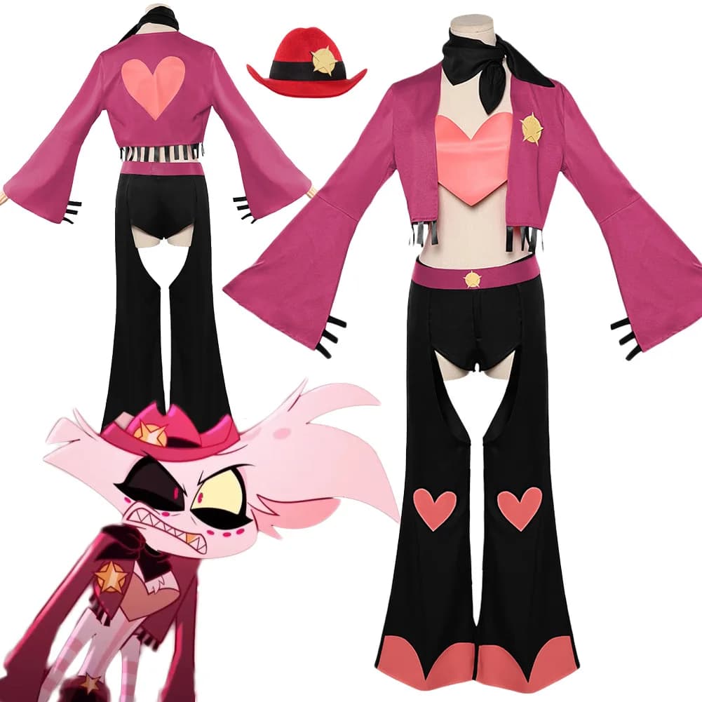 Hell Inn Angel Dust Costume Cosplay Abito Giacca rossa Cappotto Cuore rosa Cappello a cilindro Copricapo Abiti Abiti da festa di carnevale di Halloween