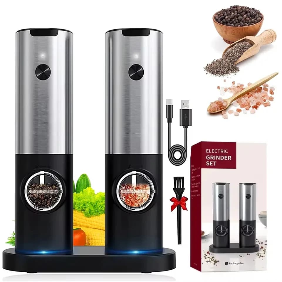 Electric Salt And Pepper Grinder Set USB Rechargeable LED Light Automatic Adjustable Spice Mill Kitchen Tool