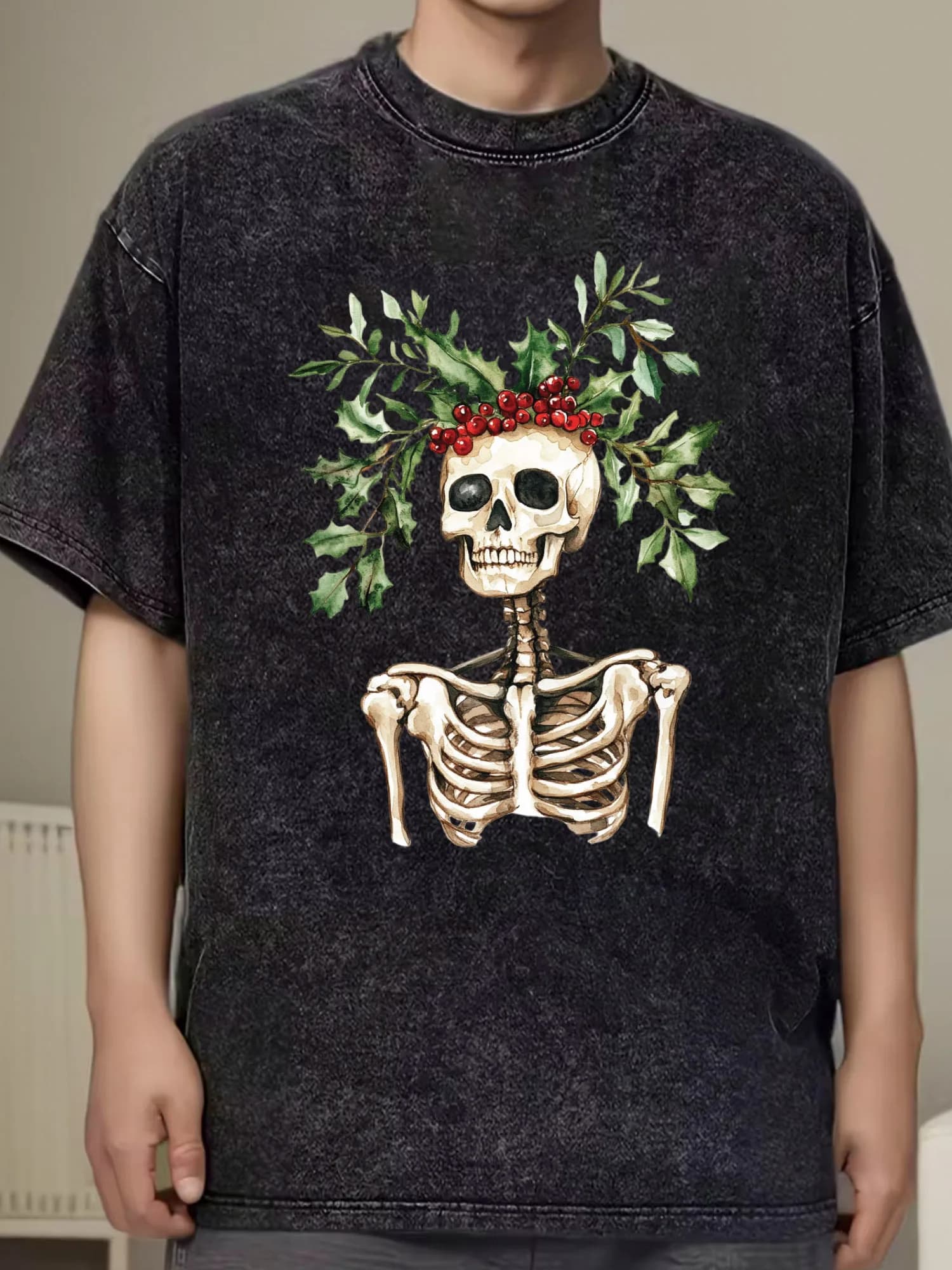 T-shirt oversize in cotone da uomo con pianta in vaso di scheletro, t-shirt grafica lavata, t-shirt streetwear vintage per l'estate