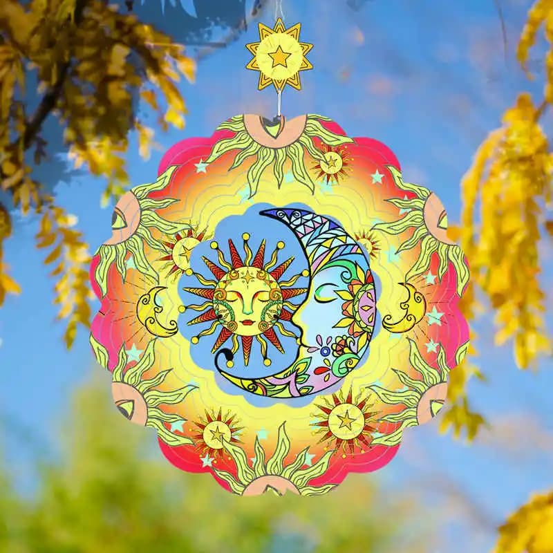 Sun and Moon Metal Sculptures Wind Spinner Hanging Wind Chimes Kinetic Spinners Yard Art Decoration for Indoor Outdoor Garden