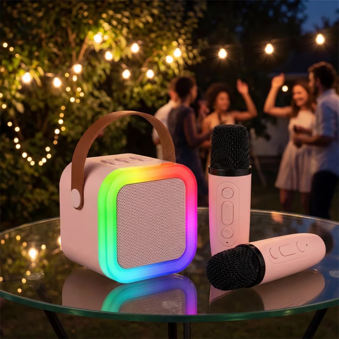 Dual Wireless Microphone Karaoke Machine Portable Bluetooth Speaker RGB Lights Voice Change Support USB/TF/AUX for Adults Kids